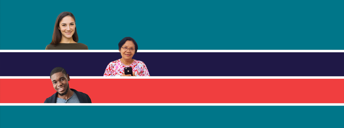 Three headshots (two women and one man) positioned on the left-hand side of teal, navy blue and red striped background.