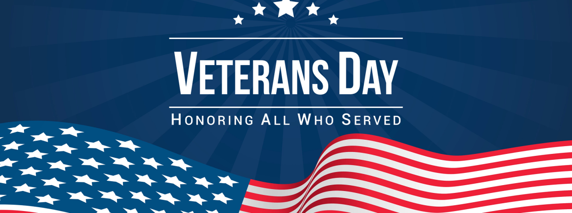 A web banner featuring an American flag at the bottom and the words Veterans Day - honoring all who served at the top on a dark blue background.