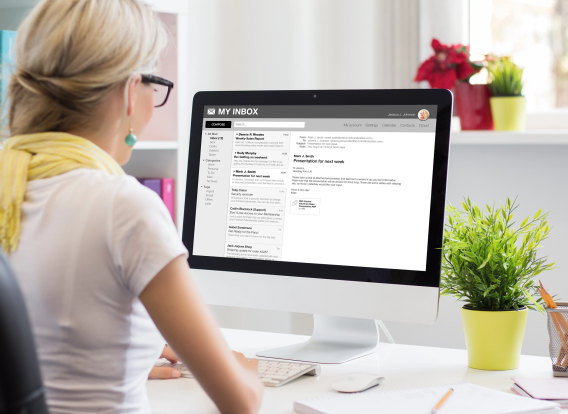 Header Image PI Internal Communications Image of a woman checking email on her desktop computer